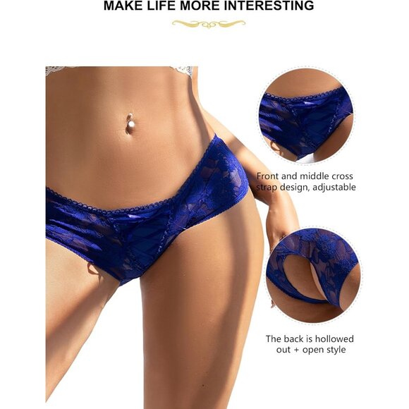 Women's Blue Lace Short Crotchless Sexy Panties Crisscross Strappy Underwear - Picture 4 of 7